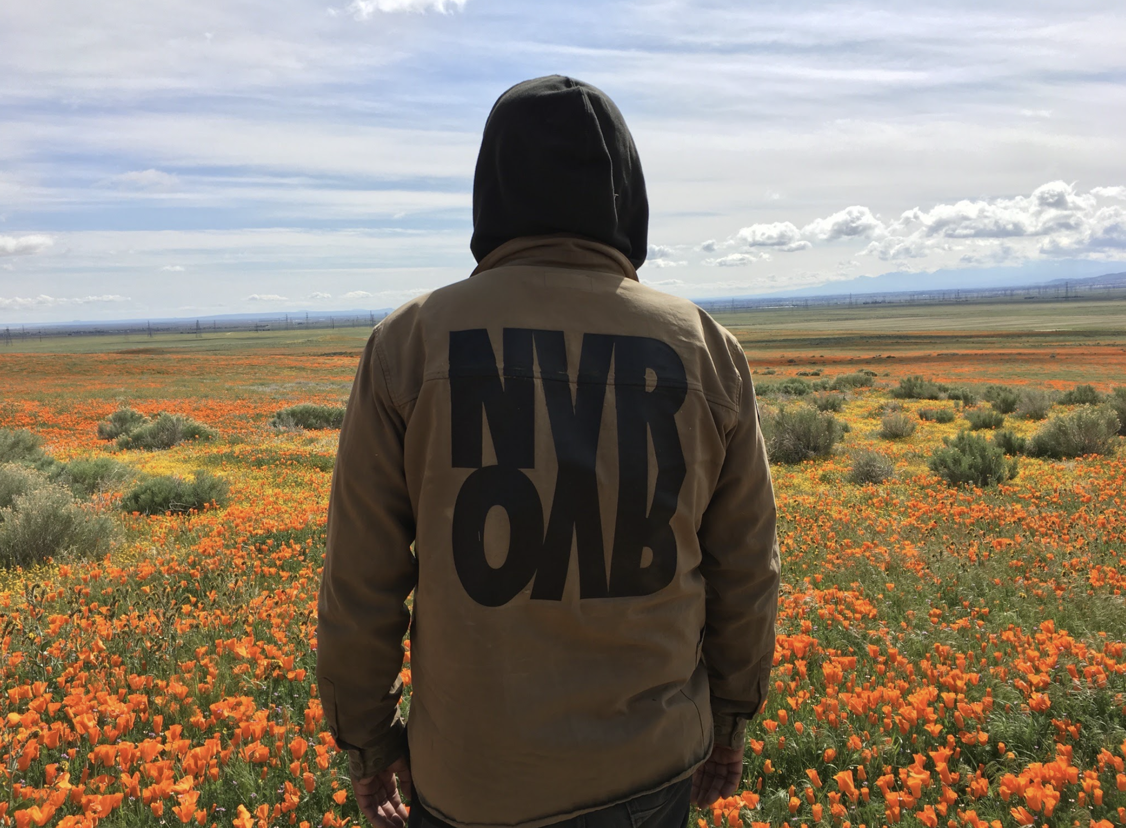 Marty "DJ Willie Maze" Aranaydo overlooking a superbloom in Antelope Valley, while wearing a jacket from his NVR OVR brand.